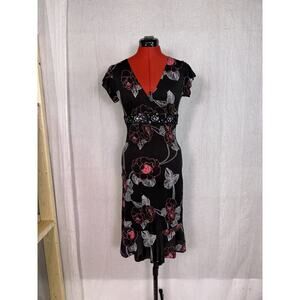 Vintage Y2K Check it Out Floral Baby Doll Midi Dress Large USA Roses Black D415